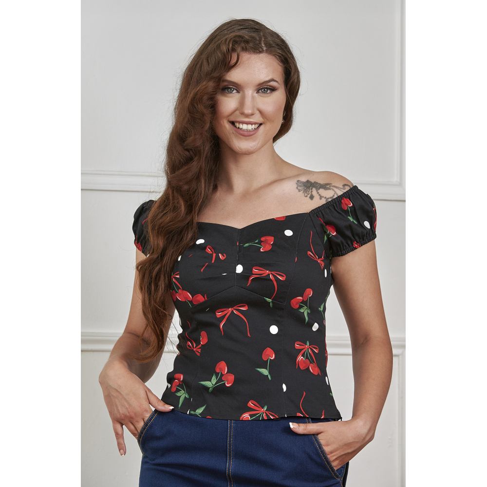 Banned - Babe Cherries And Bows Top - Zwart